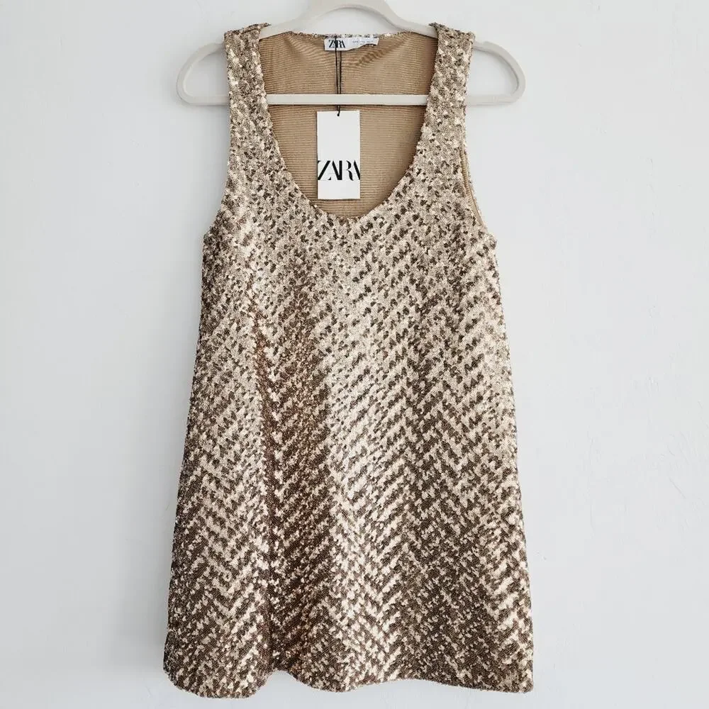 Zara Gold Sequin Sleeveless A-Line Mini Dress Scoopneck Sleeveless Size Small - Picture 5 of 10